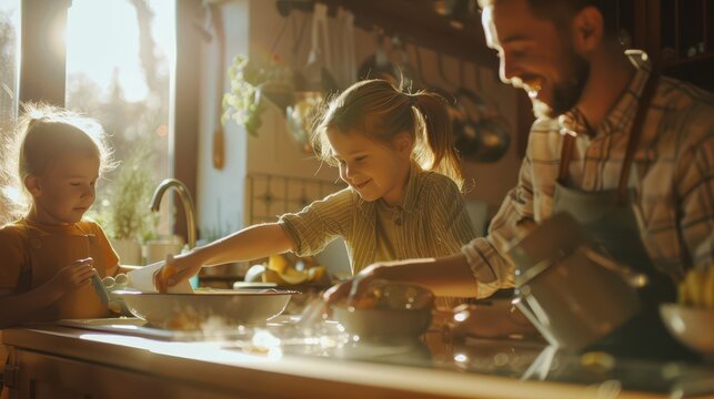 A close-up view of a family cleaning up after a meal, children passing dishes to parents, parents smiling and scrubbing together, sunlight filtering through the window and creating