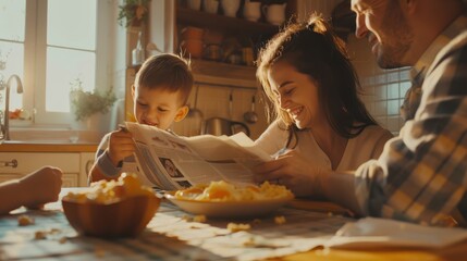 A close-up view of a family having breakfast on a weekend morning, children eating toast with jam, parents serving fresh juice, bright light from the window illuminating the scene