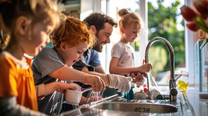 A close-up view of a family washing dishes in a bright kitchen, children happily rinsing utensils, parents enjoying the activity, the clear sky and surrounding nature visible throu