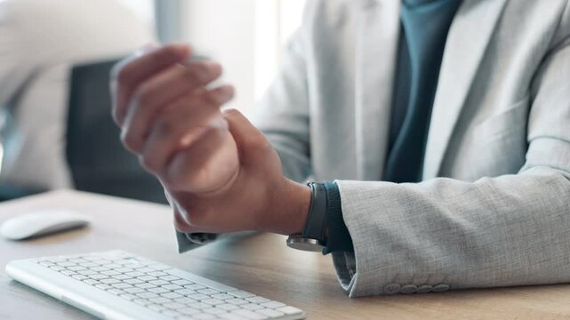Office, keyboard and hand of businessman with pain for joint problem, work injury and ache in wrist. Corporate, actuary and person with tension in nerve for carpal tunnel, burnout and typing fatigue