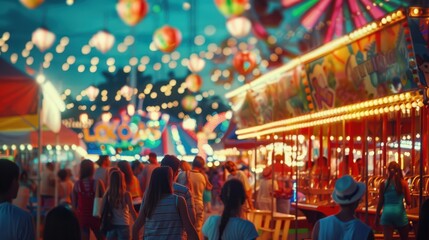 Fototapeta premium A family having fun at a carnival, playing games, enjoying rides, colorful lights and decorations all around, evening setting with a lively crowd