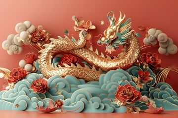 Fototapeta premium Golden Dragon on Red Podium: Celebrating Chinese New Year with Festive Illustration and Party Invitation on Blue and Green Backgrounds