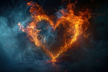 Burning Love: Abstract Flame Heart with Smoke on Black Background - Fiery Icon of Passion, Heat, and Magic for Valentine's or Tattoo Design