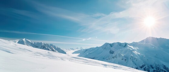 Ski slope on a bright sunny day, fresh powder, skiers gliding, clear blue sky, majestic mountain background, vibrant winter sports scene