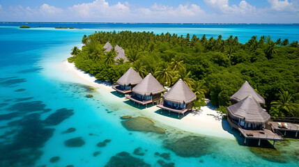 Aerial View of Serene Tropical Island Resort, Crystal Clear Sea & Overwater Bungalows