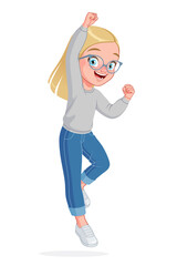 Little girl in eyeglasses jumping with one hand in the air. Cartoon vector illustration.