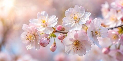 Fototapeta premium Delicate cherry blossom branch with soft pink flowers on a blurred background.