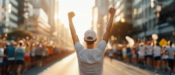Marathon finish line crossing, rear view, exhausted and triumphant runner, major sports event, cheering crowd, dynamic atmosphere