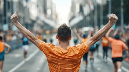 Exhausted and triumphant runner crossing finish line, marathon, rear view, major sports event, cheering crowd, celebratory scene