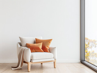 Obraz premium Living room interiors minimalist composition with a modern chair type couch next to a large window. Residential Real Estate conceptual image in neutral colors.