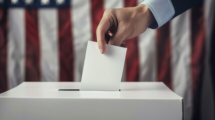 With an American flag in the background, a man's hand holds a ballot in front of a ballot box