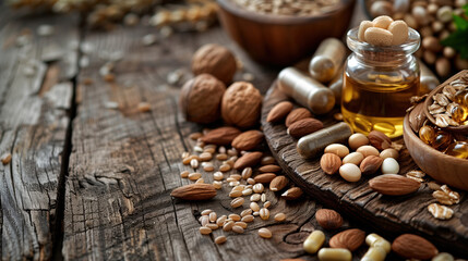Fototapeta premium Organic Health Care: Vitamin B1 Tablets Surrounded by Whole Grains and Nuts