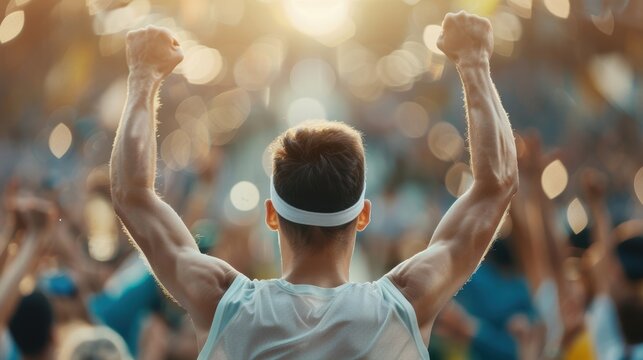 Exhausted and triumphant runner crossing finish line, marathon, rear view, major sports event, cheering crowd, celebratory scene