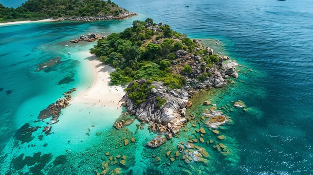 Beautiful nature landscape. Aerial view of tropical rocky island, turquoise water and white sand beach. World environment day - Powered by Adobe