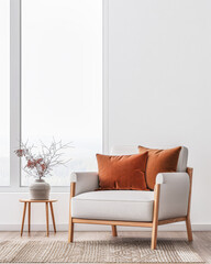 Living room interiors minimalist composition with a modern chair type couch next to a large window. Residential Real Estate conceptual image in neutral colors.