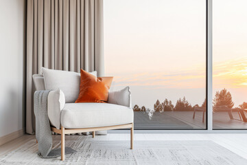 Living room interiors minimalist composition with a modern chair type couch next to a large window. Residential Real Estate conceptual image in neutral colors.