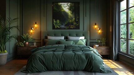 Luxurious Bedroom with Forest View: Modern Design and Infinity Pool.