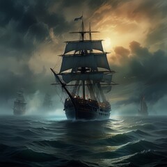 Obraz premium a ship in the ocean with the sun setting behind it.