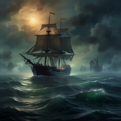 Fototapeta premium a ship in the ocean with the sun setting behind it.