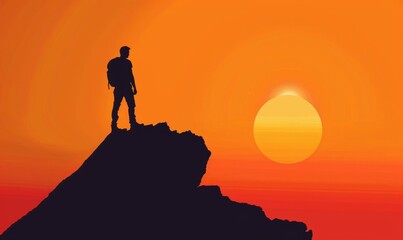 Silhouette of a man standing triumphantly on top of a mountain. Embrace the spirit of successful travel in adventure and business.