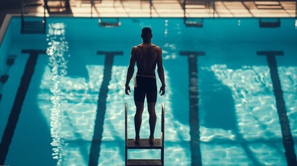 Man on diving board in pool