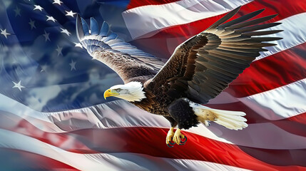 bald eagle flying over american flag background