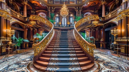 Obraz premium Ornate brass detailing on a grand staircase, luxurious carpets, and intricate railings, set in an opulent mansion interior