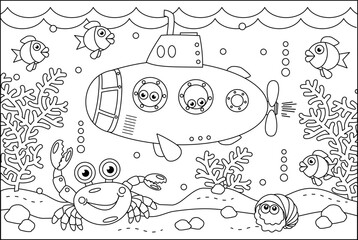 Underwater life coloring page with submarine, fish, crab, algae
