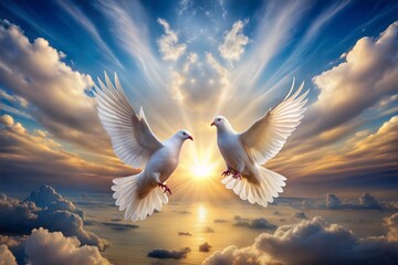 Obraz premium beautiful sky with 2 doves on each side, with clouds
