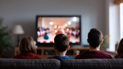 Fototapeta premium Three friends watch an outdoor movie in the park, enjoying autumn colors and a movie night.