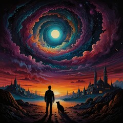 Fototapeta premium a painting of a planet with a star in the sky.