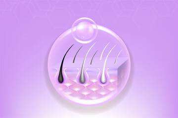 Hyaluronic acid and Niacinamide gray hair and skin solutions ad, purple collagen serum drops into skin cell with cosmetic advertising background ready to use, illustration vector.	