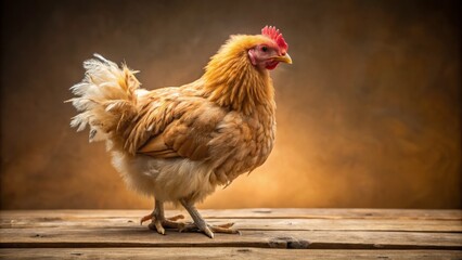 A Beautiful Chicken With A Golden Hue Stands Tall On A Wooden Table Against A Warm Brown Background.