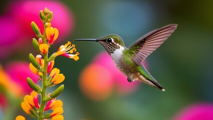 Whimsical Hummingbird in Mid-Air: Vivid Macro Photography with Bokeh Effect