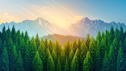 Obraz premium A serene mountain range with snow-capped peaks, bathed in the golden light of sunrise, seen through a dense forest of fir trees.