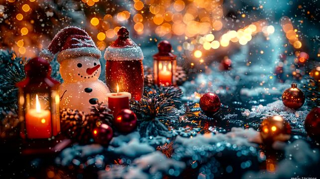 A decorative border of Christmas lights with two snowman and lanterns decorations. Seamless looping time-lapse virtual 4k video animation background