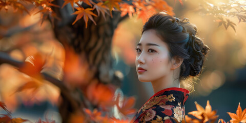 Frontal Portrait of Elegant Woman in Traditional Kimono, Autumn Leaves Background