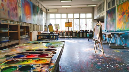 A school art room with paint palettes and easels