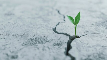 A small plant breaking through concrete, symbolizing the battle and challenge of growth and survival against the odds, inspiring and hopeful scene