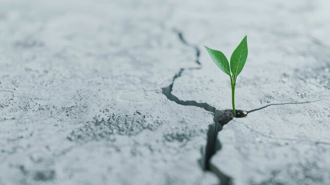 A small plant breaking through concrete, symbolizing the battle and challenge of growth and survival against the odds, inspiring and hopeful scene