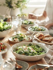 Educators eating dinner with family at home, beautifully styled table, vibrant colors, editorial layout, cozy home setting, Magazine Photography style