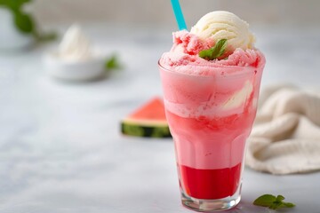 A refreshing glass of fresh watermelon juice topped with a scoop of creamy vanilla ice cream, adorned with a colorful drink tube. The vibrant pink juice contrasts beautifully with the white ice cream,