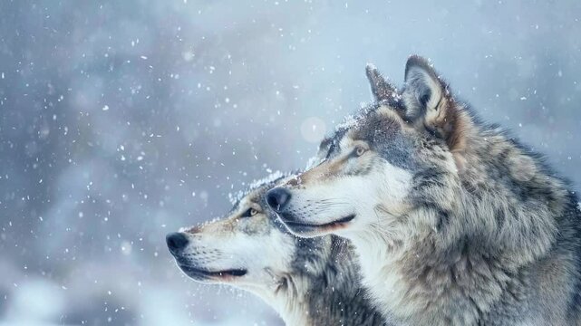 Two wolves gazing into the distance in a snowfall in the Mountains