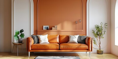 Modern living room mock up have orange leather sofa and decoration minimal.


