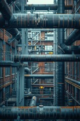 Naklejka premium Detailed view of an industrial complex featuring metal pipes and brick buildings, showcasing urban architecture and engineering.