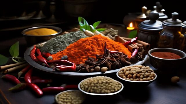 Assortment of spices and herbs on dark surface