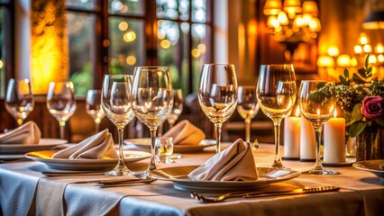 Elegant And Luxurious Fine Dining Table Setting With Wine Glasses And Candlelight