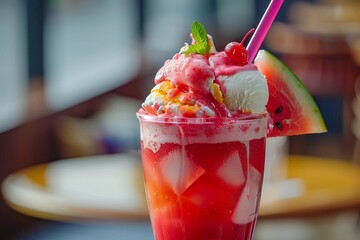 A refreshing glass of fresh watermelon juice topped with a scoop of creamy vanilla ice cream, adorned with a colorful drink tube. The vibrant pink juice contrasts beautifully with the white ice cream,