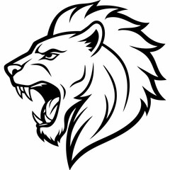 Fototapeta premium a side view angle of roaring lion head mascot or logo in white background, simple line vector illustration, coloring page for children