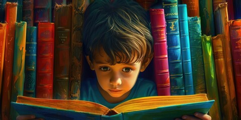Close up of attractive child reading a book while looking at camera. Elementary student holding fairy tale novel book or bedtime stories surrounded by various book. Creative activity concept. AIG42. © InfiniteFlow